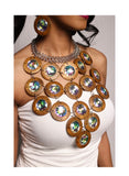 Faceted Glass Stone Wood Rim Cluster Statement Necklace Set