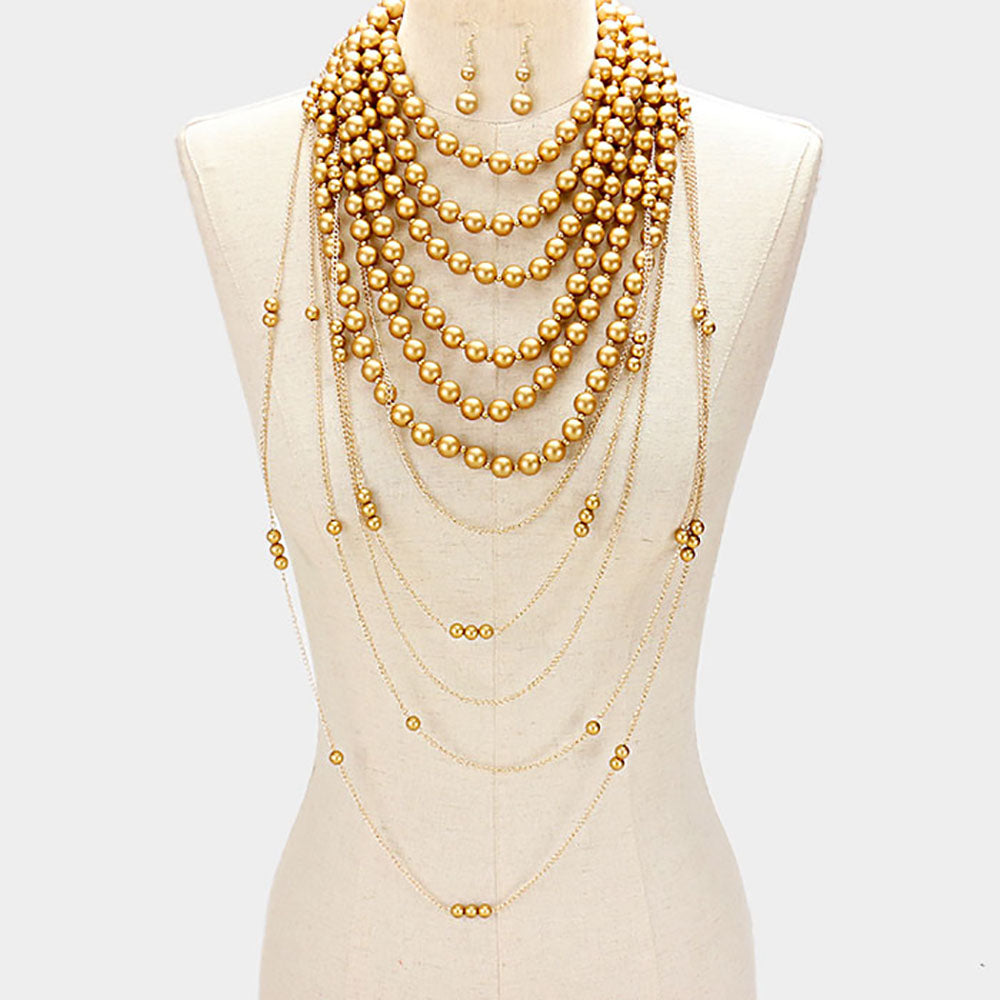Draped Multi-Layer Pearl Strand Bib Necklace Set