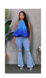 Knee Ripped Denim Bell Bottom Jeans