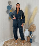 WASHED DENIM ZIP DOWN JUMPSUIT