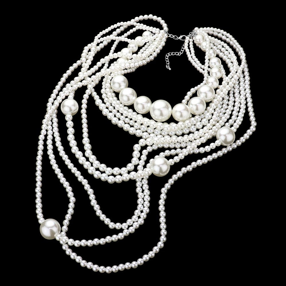 Multi Layered White Pearl Bib Necklace Set