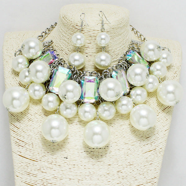 Chunky Pearl with Rhinestone Statement Necklace Set
