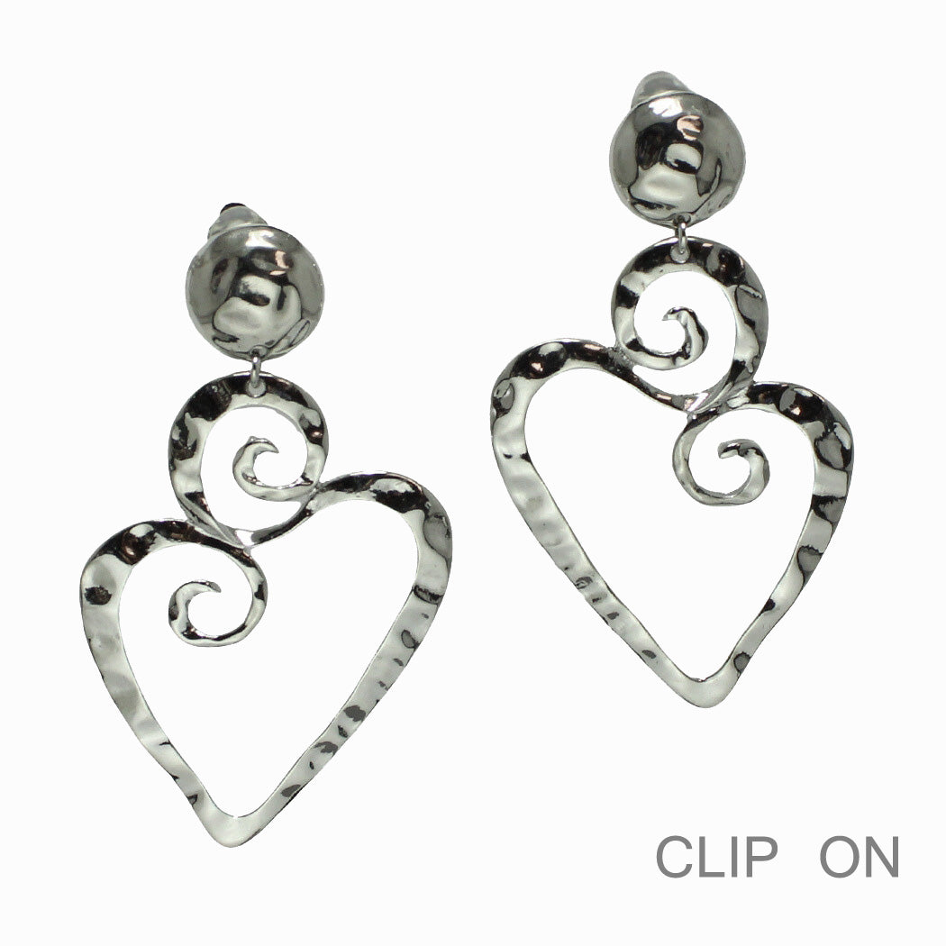 Heart Hammered Metal Clip On Earrings