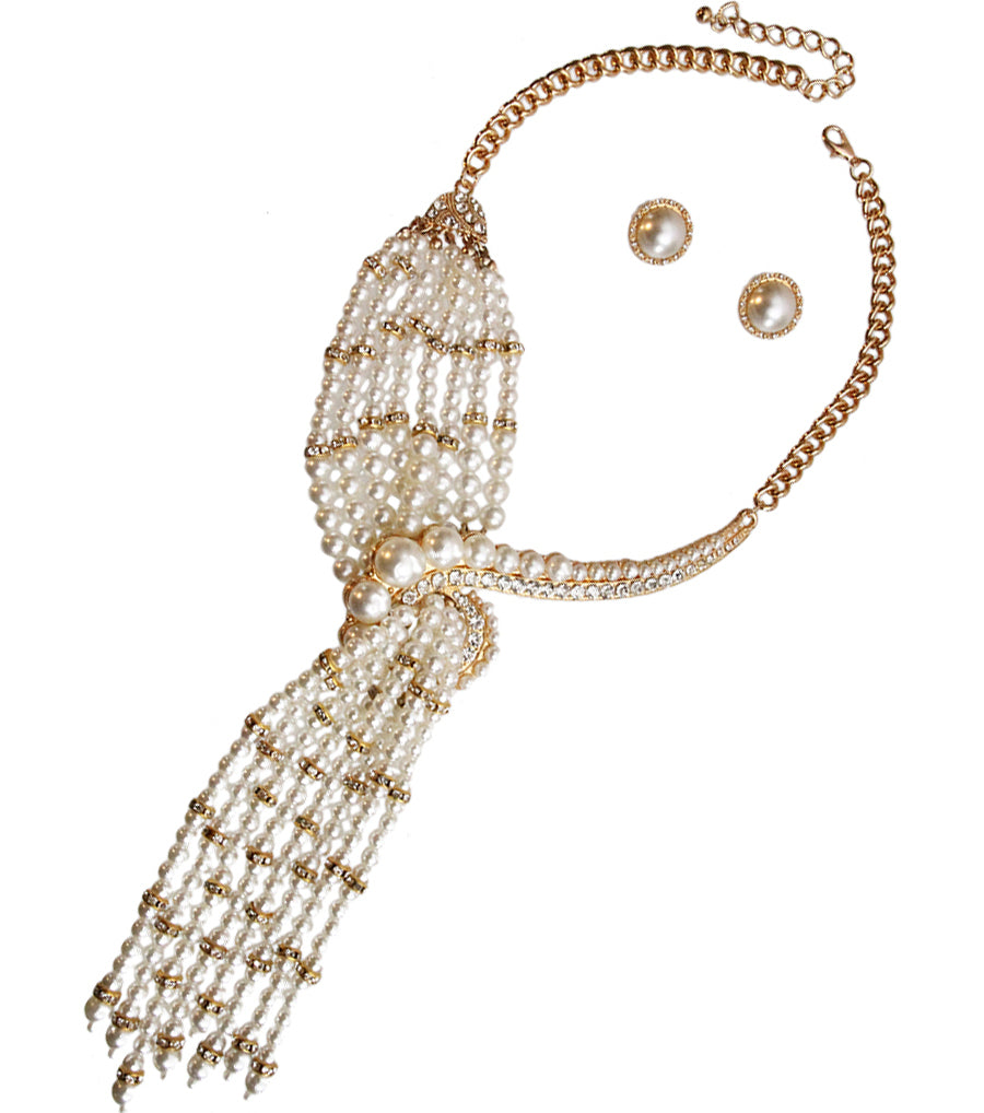 Asymmetric Pearl Rhinestone Knot Necklace Set