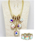 3pc Gold Irredesent Rhinestone Necklace Set
