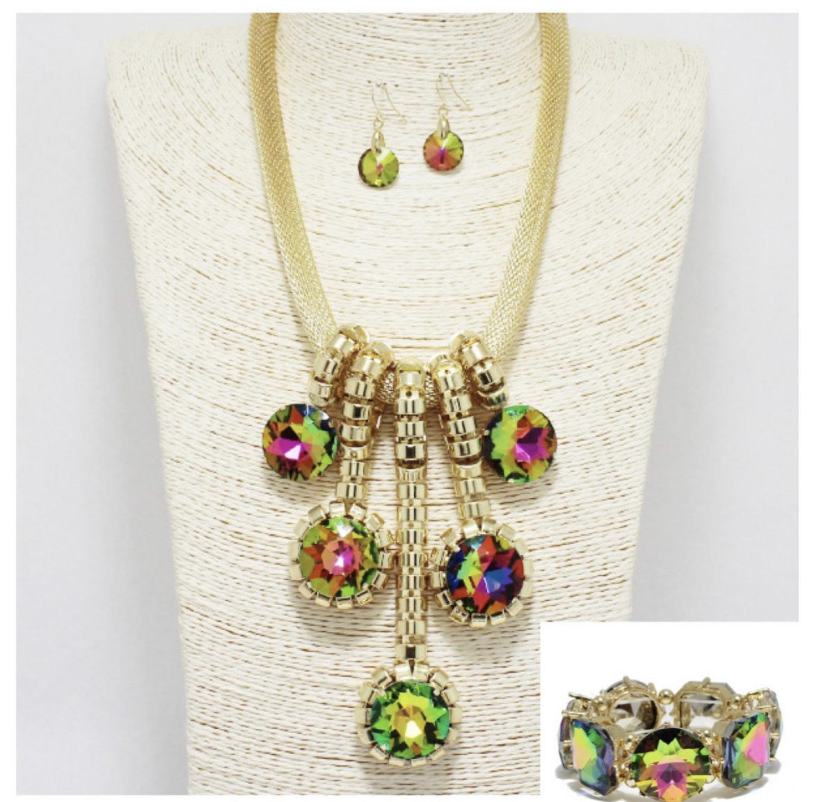 3pc Gold/Green Multicolor Rhinestone Necklace Set