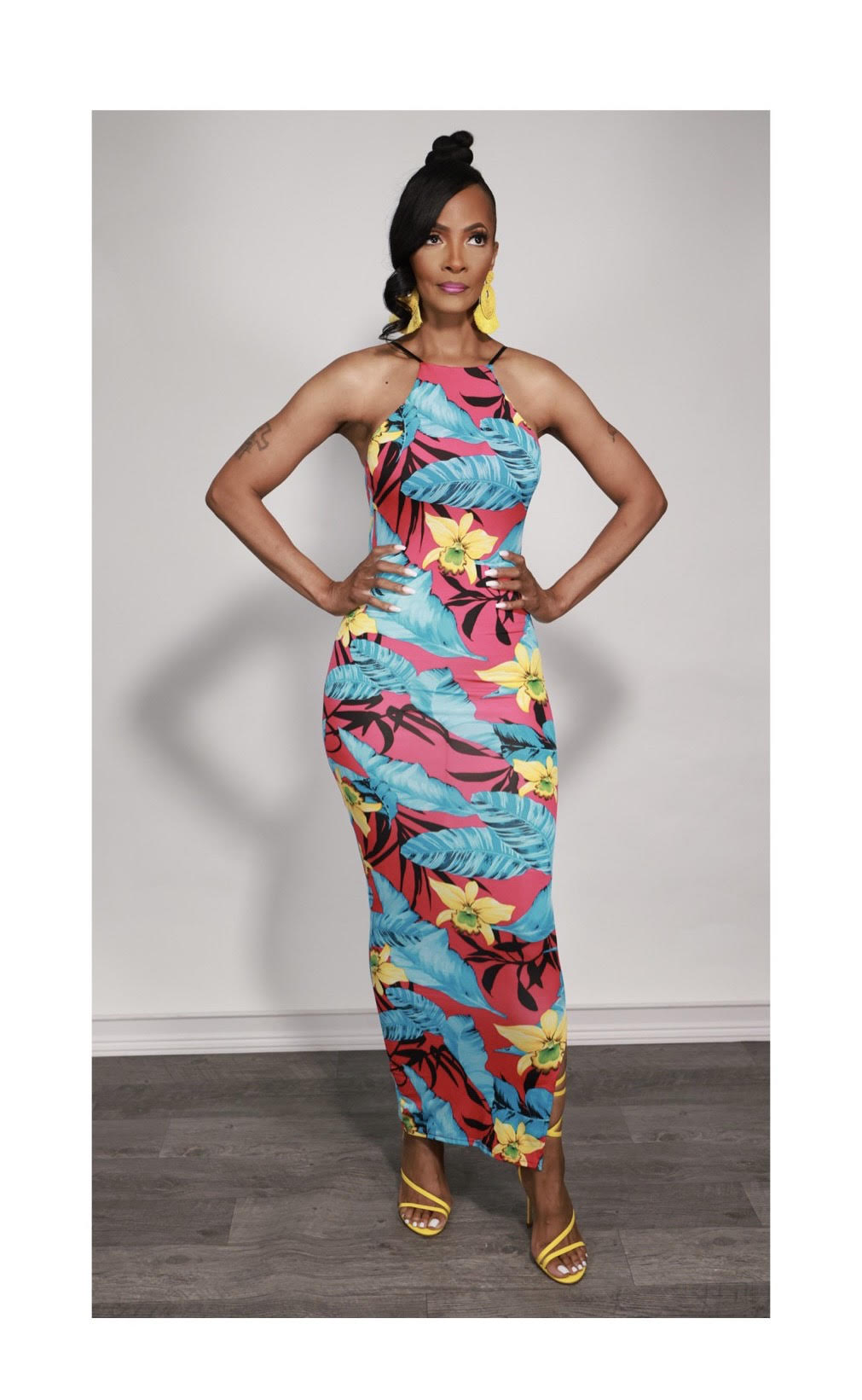 Tropical Print Bodycon Maxi Dress