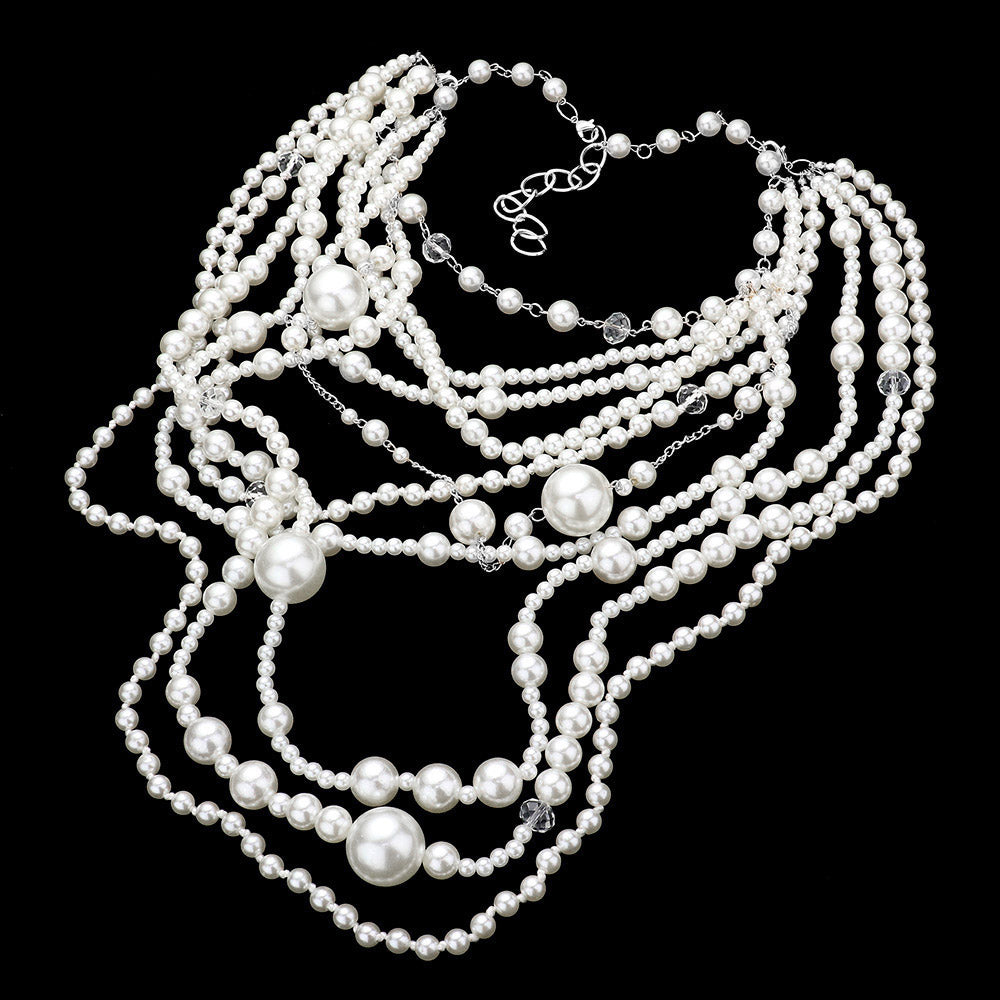 White Pearl Multi Layered Bib Necklace Set