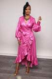 Pink Faux Leather Ruffled Coat Dress