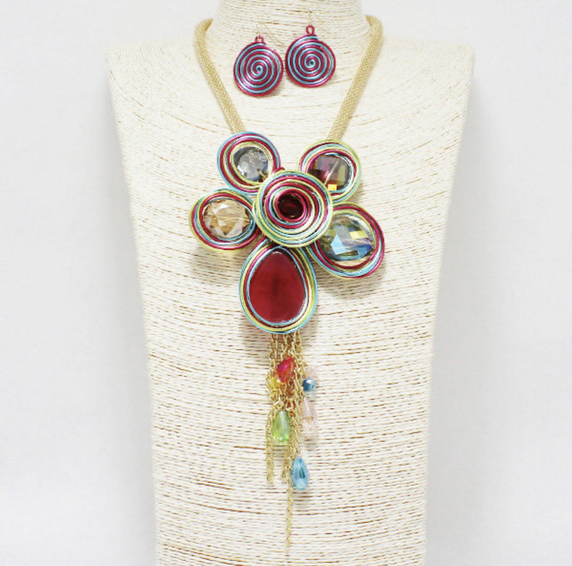 Flower Accent with Multi Charm Drop Necklace Set